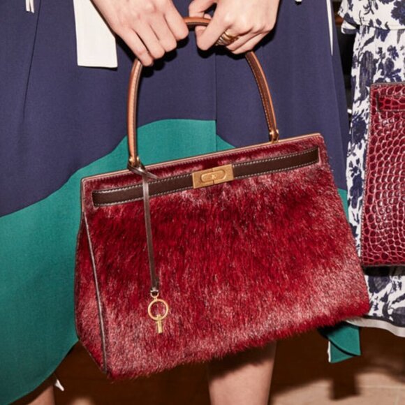 Tory Burch Lee Radziwill Burgundy Calf Hair Handbag Double Clasp FW 2018 - Picture 1 of 15